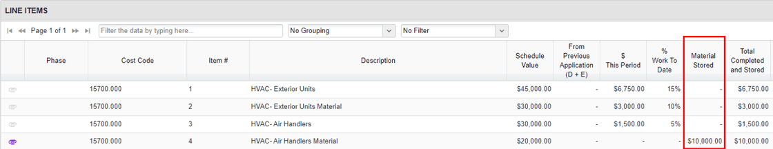 Line Items view of Material Stored. When enabled, will require subcontractors to manually deduct materials installed from the Material Stored column.